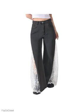 High Waisted Wide Leg Jeans Straight Leg Denim Pants Lace Patchwork